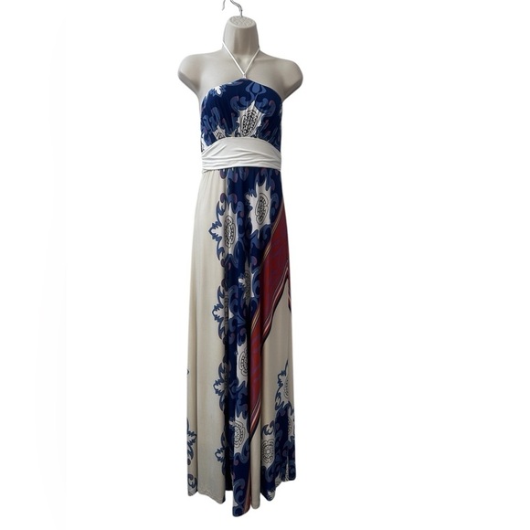Analili Women’s M Halter Maxi Dress Boho Geometric Print Blue White Flowy - Picture 1 of 11